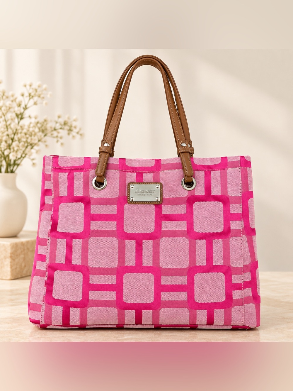 Nine West Pink Geometric Woven Tote Bag Brown Handles